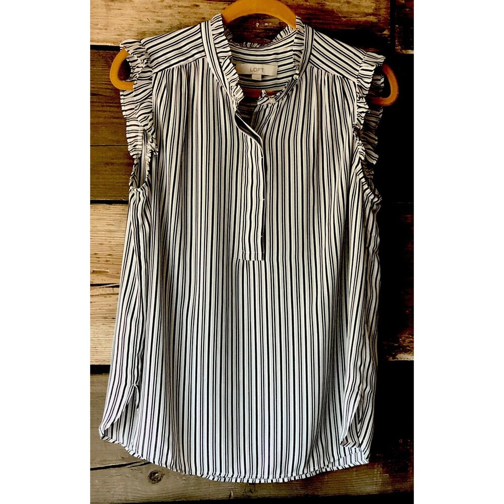 Loft Black White Pinstripped Ruffled Sleeveless Buttons Dress Blouse Size L